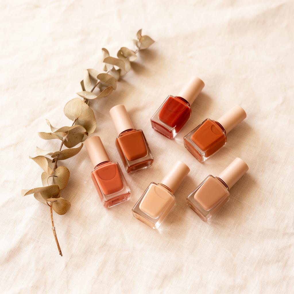 Warm-toned nail polish bottles on cream linen